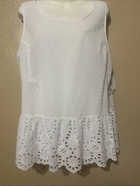 Adyson Parkersize XL Swiss Dot White Eyelet Ruffle-Hem Sleeveless Top NWT